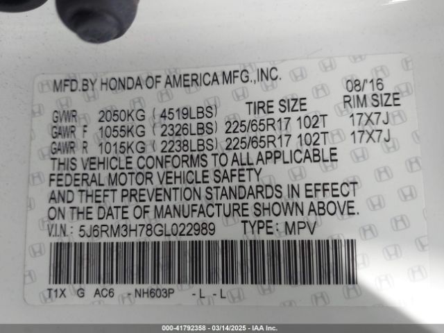 5J6RM3H78GL022989 Honda Cr-v Ex-l