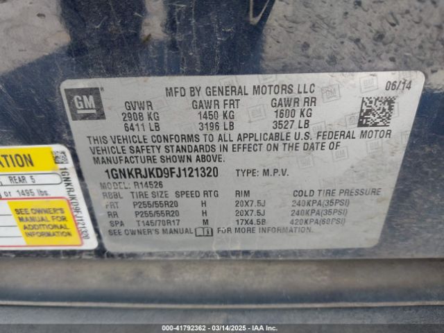 1GNKRJKD9FJ121320 Chevrolet Traverse Ltz