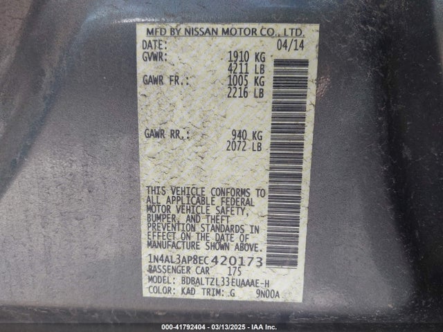 1N4AL3AP8EC420173 Nissan Altima 2.5 Sv