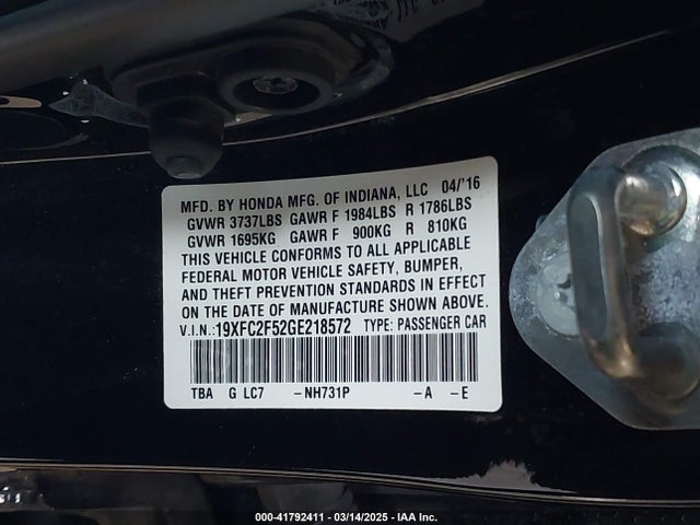 19XFC2F52GE218572 Honda Civic Lx