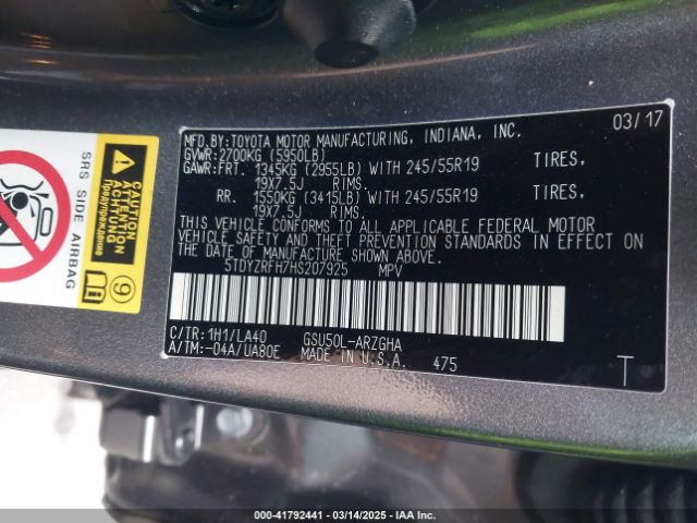 5TDYZRFH7HS207925 Toyota Highlander Limited