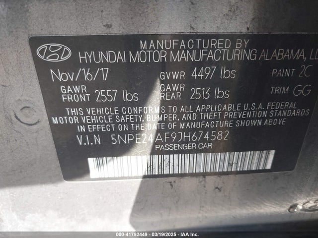 5NPE24AF9JH674582 Hyundai SONATA SE