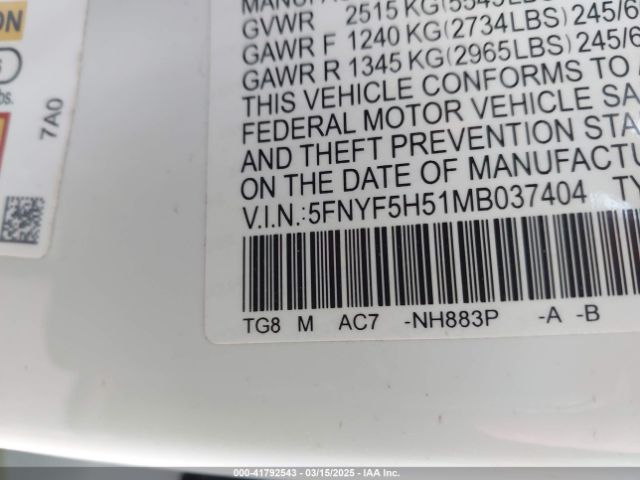 5FNYF5H51MB037404 Honda Pilot 2wd Ex-l