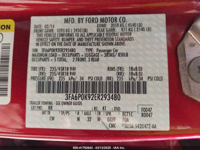 3FA6P0K92ER293480 Ford Fusion Titanium