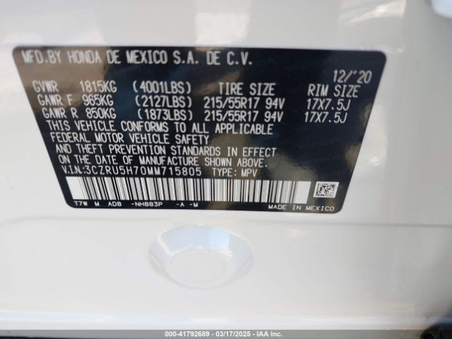 3CZRU5H70MM715805 Honda Hr-v 2wd Ex-l