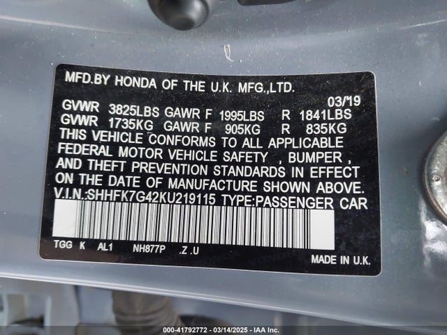 SHHFK7G42KU219115 Honda Civic Sport