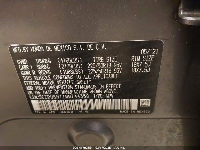 3CZRU6H11MM744358 Honda Hr-v Awd Sport