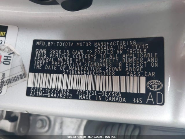 2T1BURHE4GC553008 Toyota Corolla S Plus