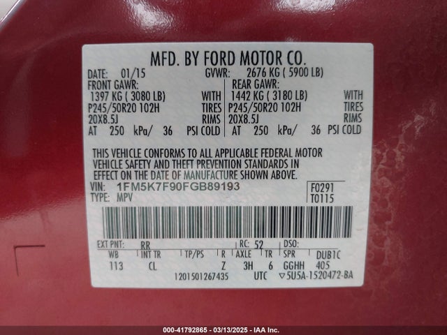 1FM5K7F90FGB89193 Ford Explorer Limited