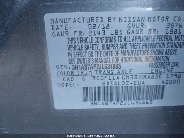 3N1AB7AP2JL631665 Nissan SENTRA SV