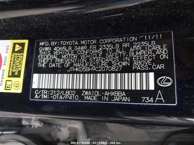 Aukcja sprzedaży 2012 Lexus Ct 200h Premium, vin: JTHKD5BH9C2070827, numer aukcji: 41792886