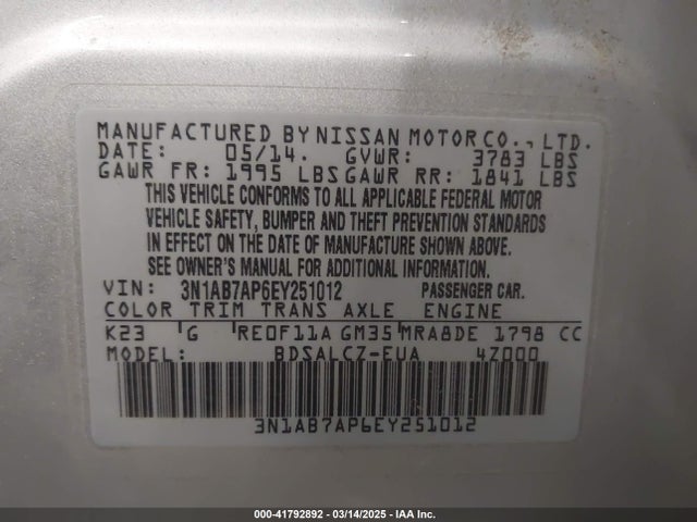 3N1AB7AP6EY251012 Nissan SENTRA S