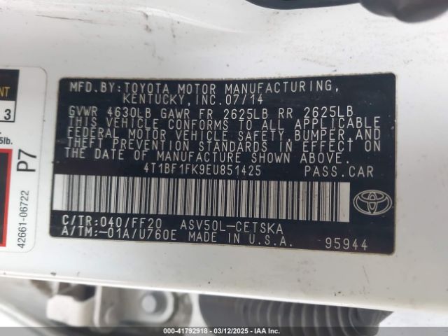 4T1BF1FK9EU851425 Toyota CAMRY SE