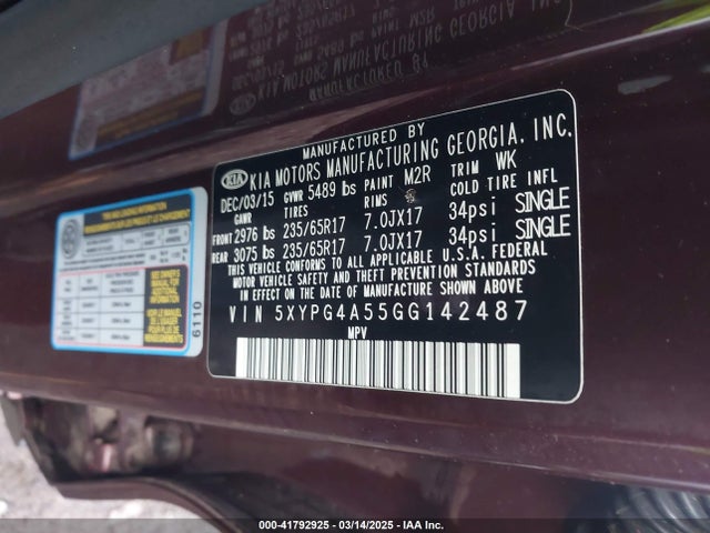 5XYPG4A55GG142487 KIA Sorento 3.3l Lx