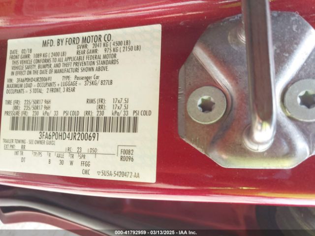 3FA6P0HD4JR200691 Ford FUSION SE