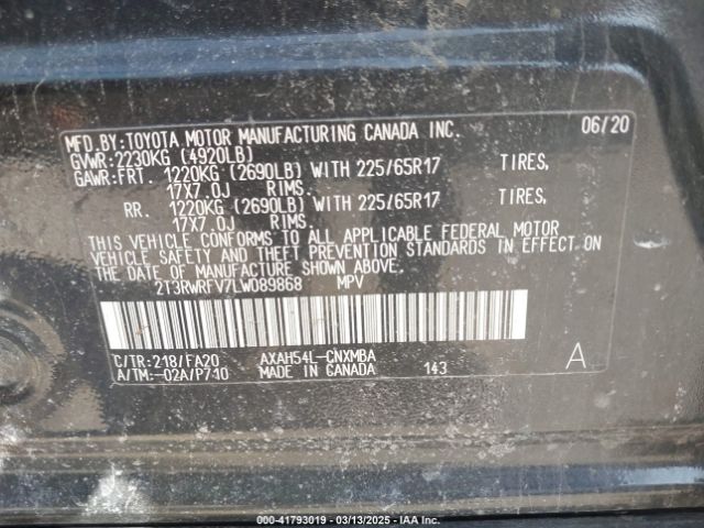 2T3RWRFV7LW089868 Toyota Rav4 Hybrid Xle