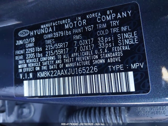 KM8K22AAXJU165226 Hyundai Kona Sel