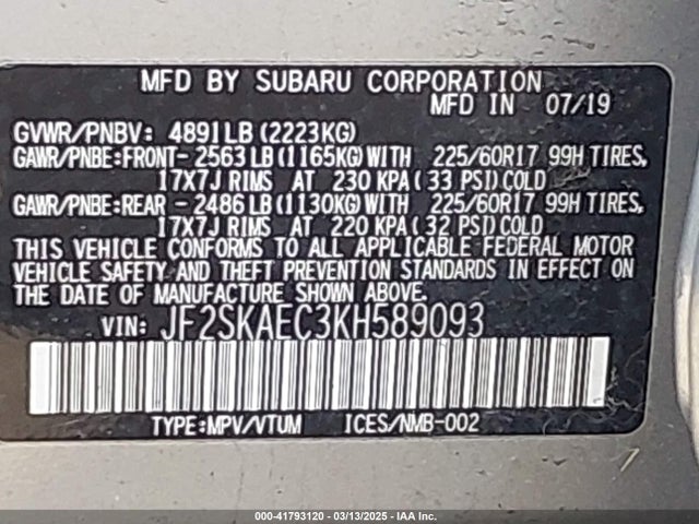 JF2SKAEC3KH589093 Subaru Forester Premium