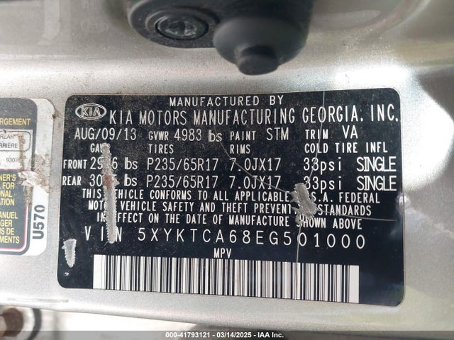 KIA SORENTO LX 2014 5XYKTCA68EG501000 Image 8