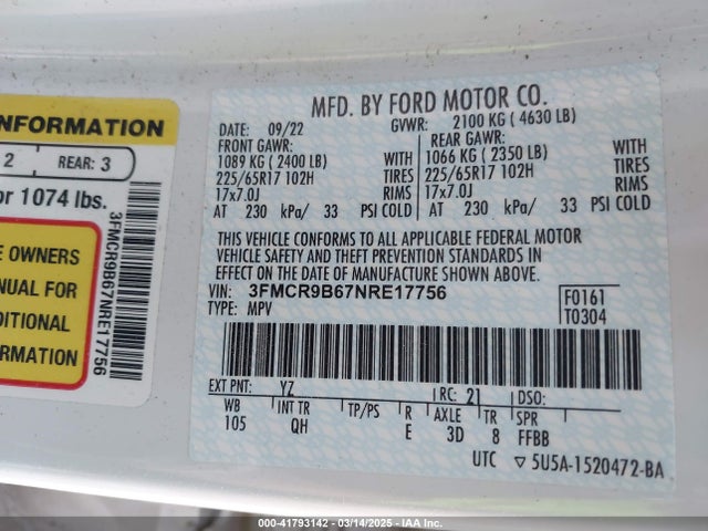 3FMCR9B67NRE17756 Ford Bronco Sport Big Bend