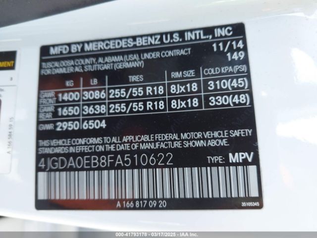 4JGDA0EB8FA510622 Mercedes-Benz Ml 250 Bluetec 4matic