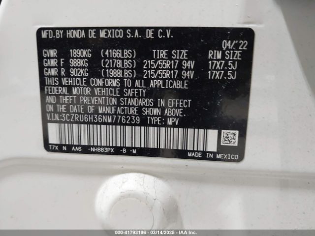 3CZRU6H36NM776239 Honda Hr-v Awd Lx