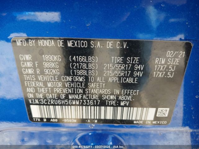 3CZRU6H56MM733617 Honda Hr-v Awd Ex