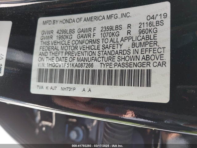 1HGCV1F51KA087266 Honda Accord Ex-l
