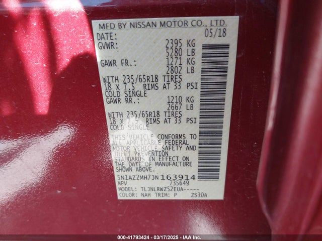 5N1AZ2MH7JN163914 Nissan MURANO SL