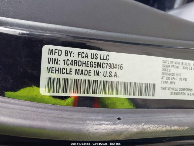 1C4RDHEG5MC790416 Dodge Durango Citadel Rwd