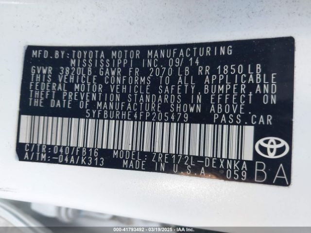 5YFBURHE4FP205479 Toyota 2zr-fe