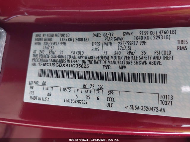 1FMCU9GDXKUC35625 Ford ESCAPE SE