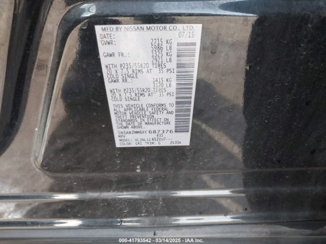5N1AR2MM6FC687376 Nissan Pathfinder Platinum