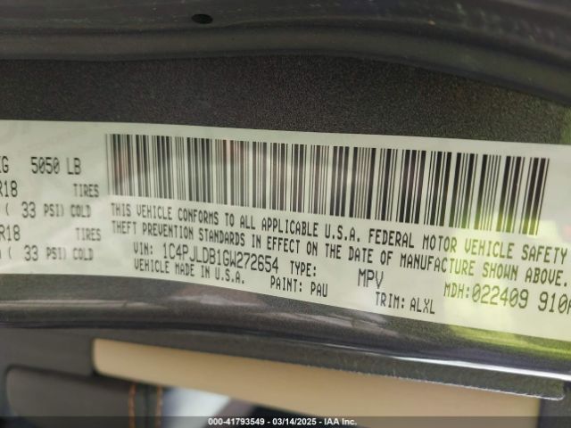 1C4PJLDB1GW272654 Jeep Cherokee Limited