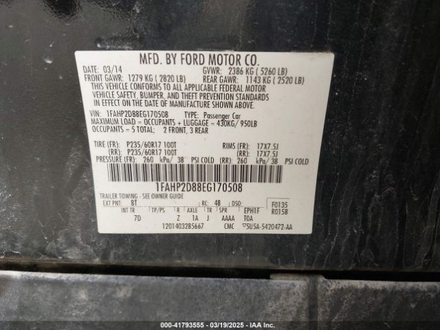 1FAHP2D88EG170508 Ford TAURUS SE