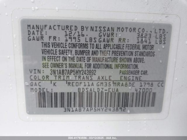 3N1AB7AP5HY243892 Nissan SENTRA SV