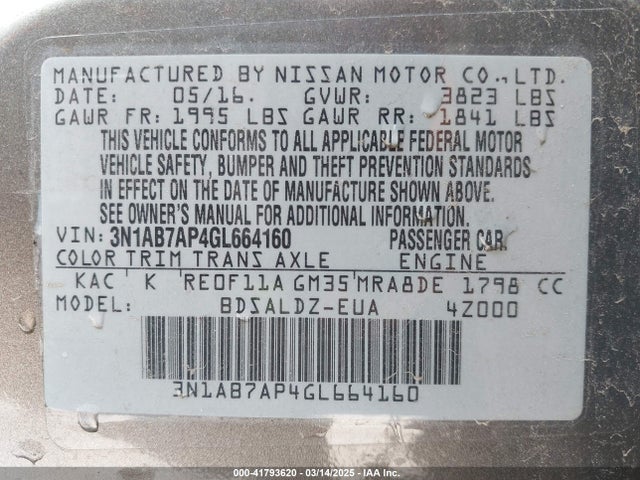 3N1AB7AP4GL664160 Nissan SENTRA SV