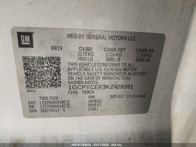 1GCPYCEF3KZ428391 Chevrolet Silverado 1500 Custom Trail Boss