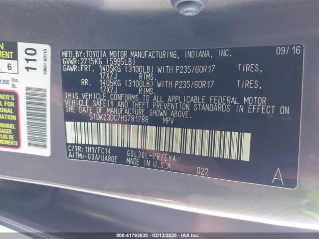 5TDKZ3DC7HS781788 Toyota Sienna Le 8 Passenger