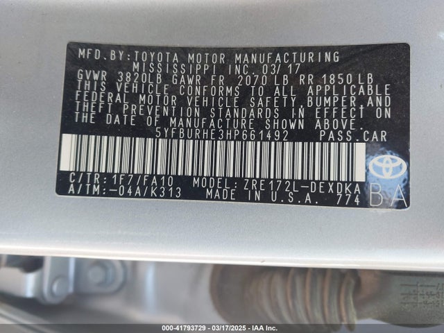 5YFBURHE3HP661492 Toyota COROLLA L