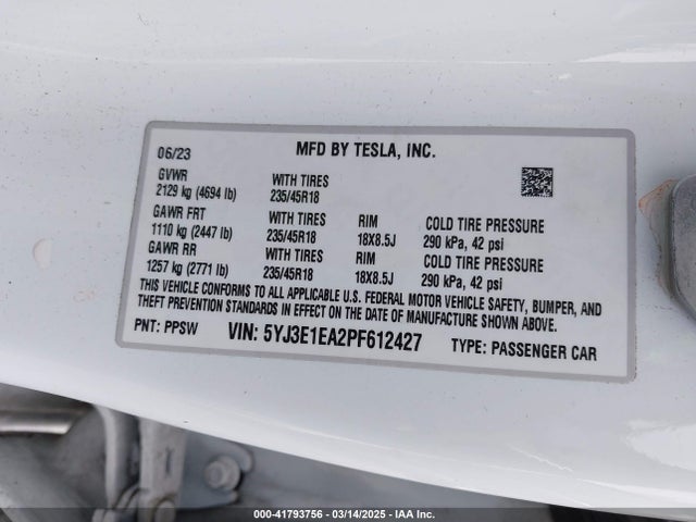 5YJ3E1EA2PF612427 Tesla Model 3 Rear-wheel Drive