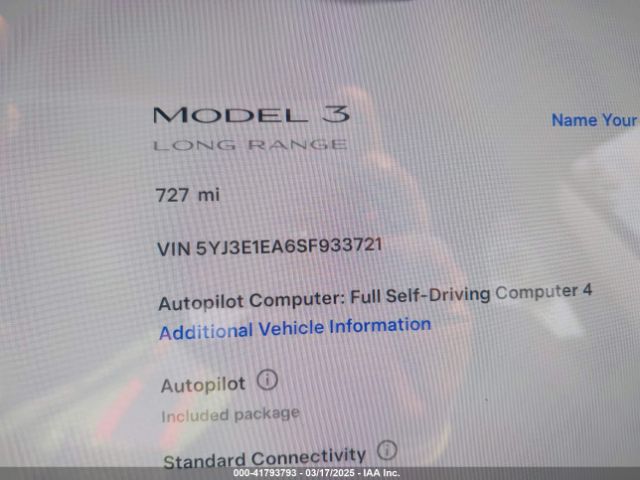 5YJ3E1EA6SF933721 Tesla Model 3 Long Range Rear-wheel Drive