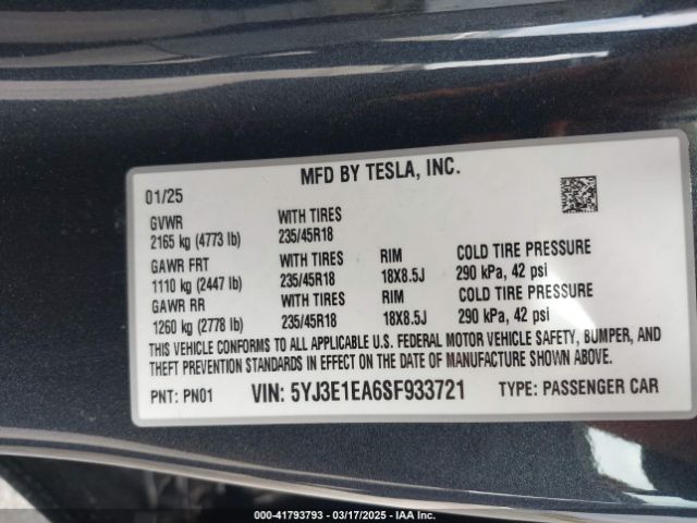 5YJ3E1EA6SF933721 Tesla Model 3 Long Range Rear-wheel Drive