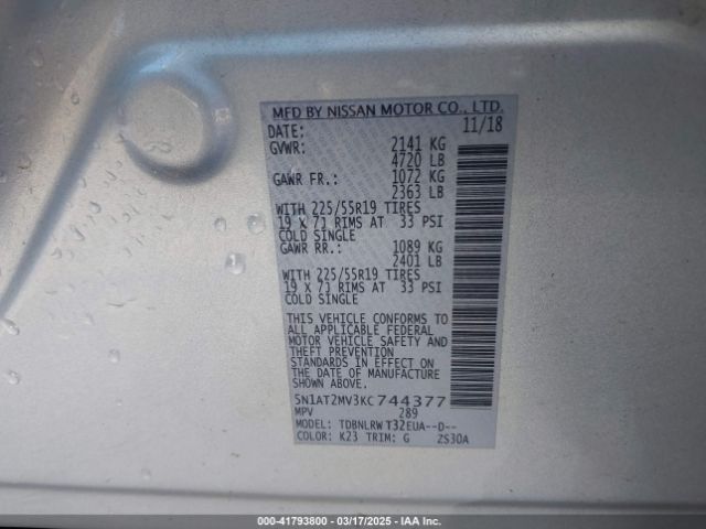 5N1AT2MV3KC744377 Nissan Rogue Sl