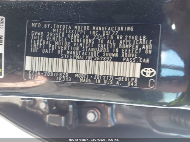 Toyota 2zr-fae 2022 5YFEPMAE7NP362892 Image 9