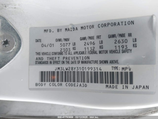 41793808 :رقم المزاد ، JM3LW28Y310199314 vin ، 2001 Mazda Mpv Dx/es/lx مزاد بيع