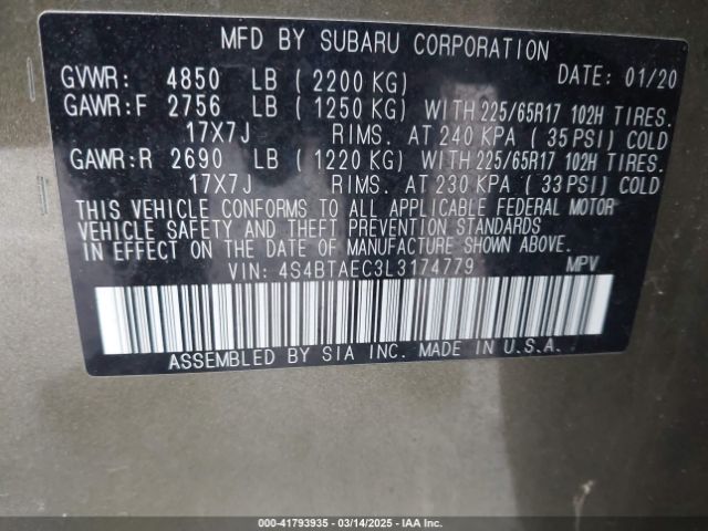 4S4BTAEC3L3174779 Subaru Outback Premium
