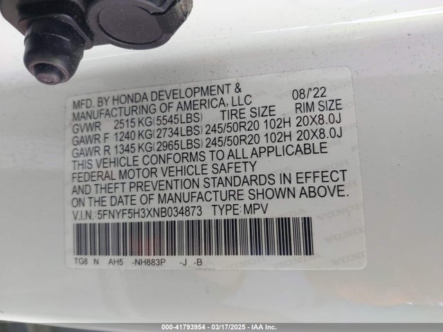 5FNYF5H3XNB034873 Honda Pilot 2wd Sport
