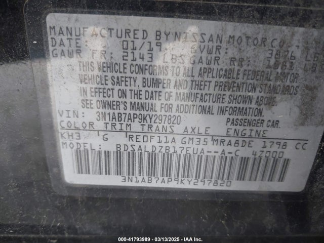 3N1AB7AP9KY297820 Nissan SENTRA SV