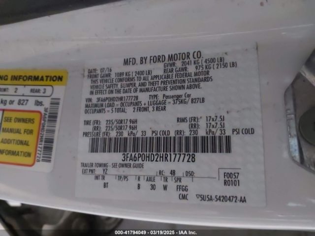 3FA6P0HD2HR177728 Ford FUSION SE